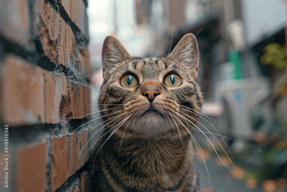 Poster A focused cat with intense eyes and ears pointed forward, staring intently at a moving object,