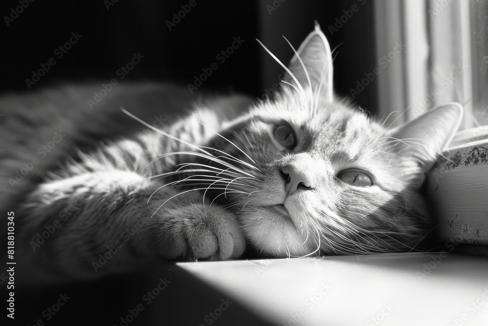 Poster a bored cat with a blank expression and half-closed eyes, lying sprawled out,