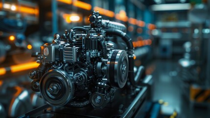 Fototapeta premium A machine with a black engine is on display in a factory