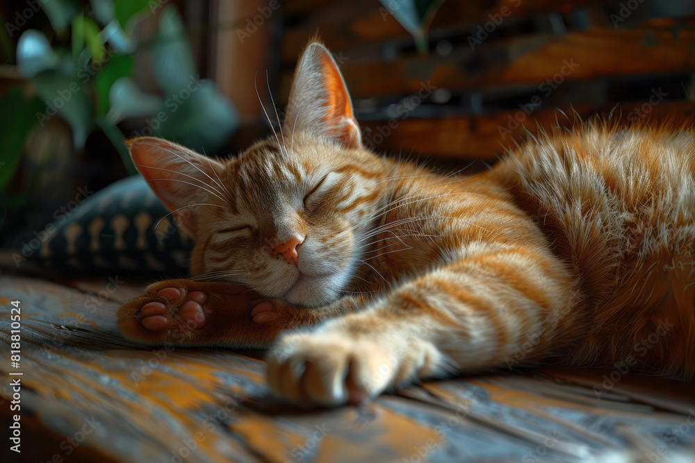 Poster a bored cat with a blank expression and half-closed eyes, lying sprawled out,