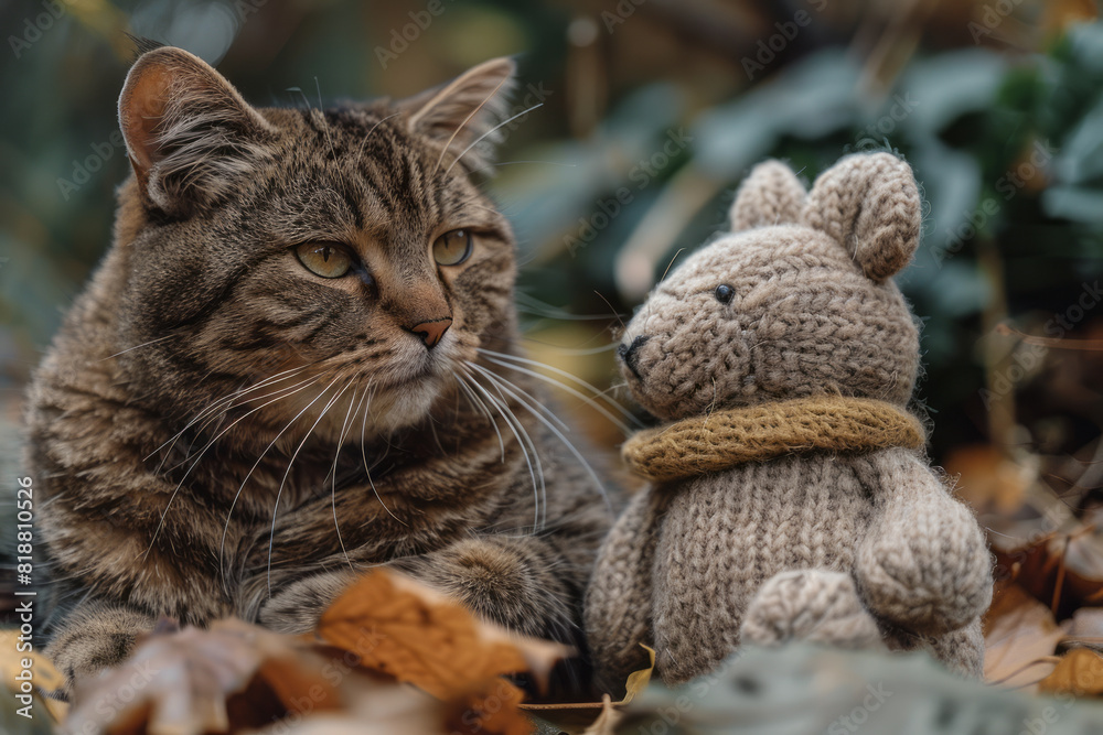 Poster a proud cat with a smug smile and slightly squinted eyes, sitting next to a defeated toy mouse,