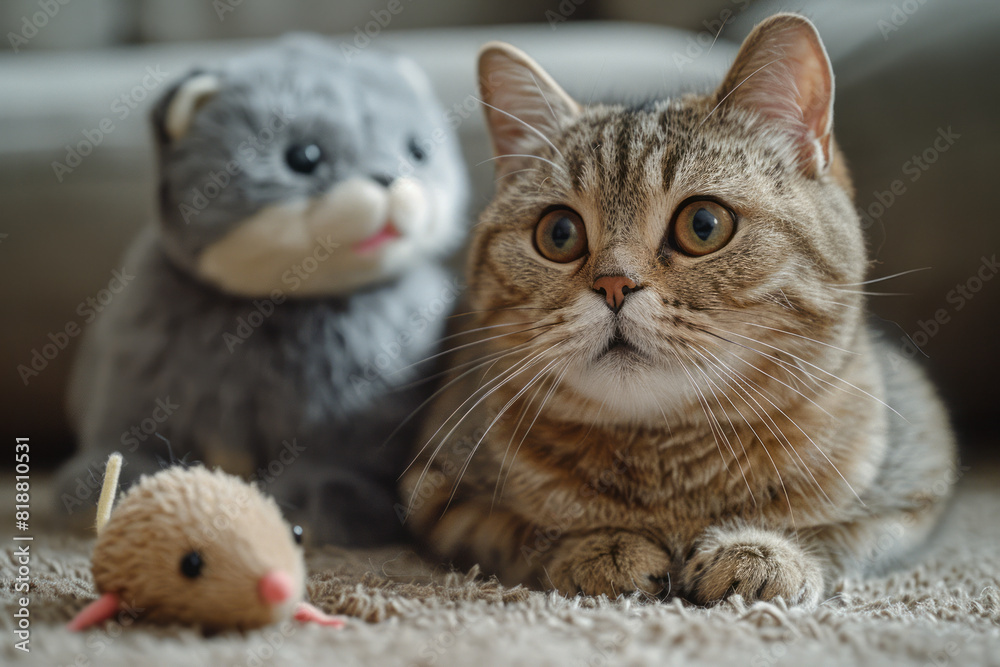 Poster a proud cat with a smug smile and slightly squinted eyes, sitting next to a defeated toy mouse,