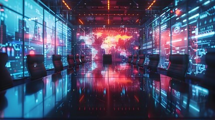 High tech Conference Room with Holographic Displays during Virtual Global Business Meeting