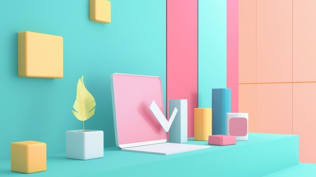 A vibrant and playful 3D-rendered workspace scene featuring a computer with a checkmark on the screen, surrounded by decorative elements