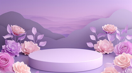 Podium background flower rose product pink 3d spring table beauty stand display nature white. Garden rose floral summer background.