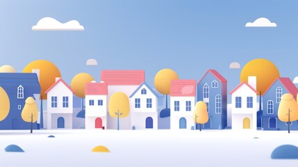 Fototapeta premium A vibrant illustration of a suburban street with cartoon-style houses and trees under a clear sky