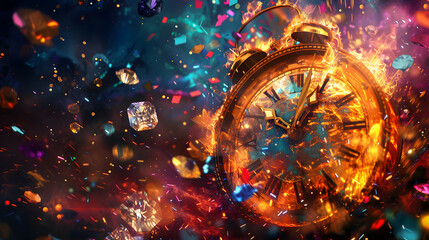 vintage clock on fire with black background, time's burning, time runout.