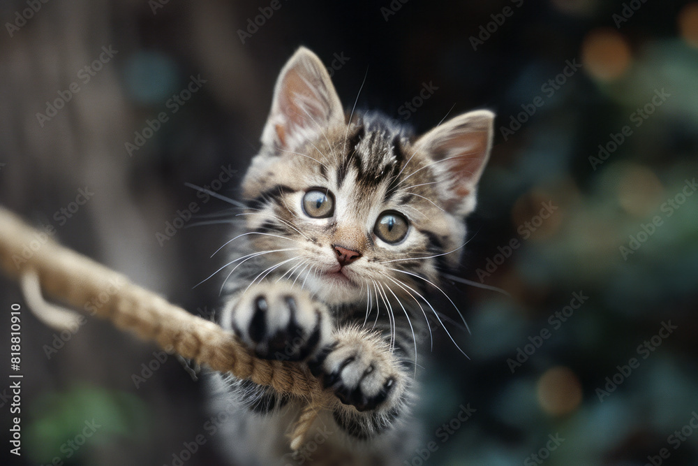 Poster a playful kitten with bright, eager eyes and a wide grin, pouncing on a piece of string,