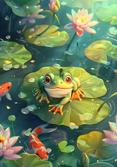 A frog looking up with dragonfly on its head surrounded by lily pads and lotus flowers in the water. There are koi fish swims around. A colorful, cartoon illustration