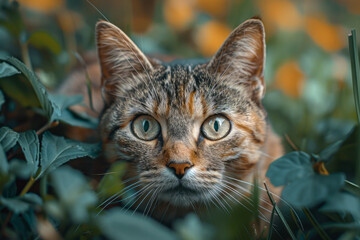 Obraz premium A cautious cat with wary eyes and a low, stealthy posture, creeping towards something new,