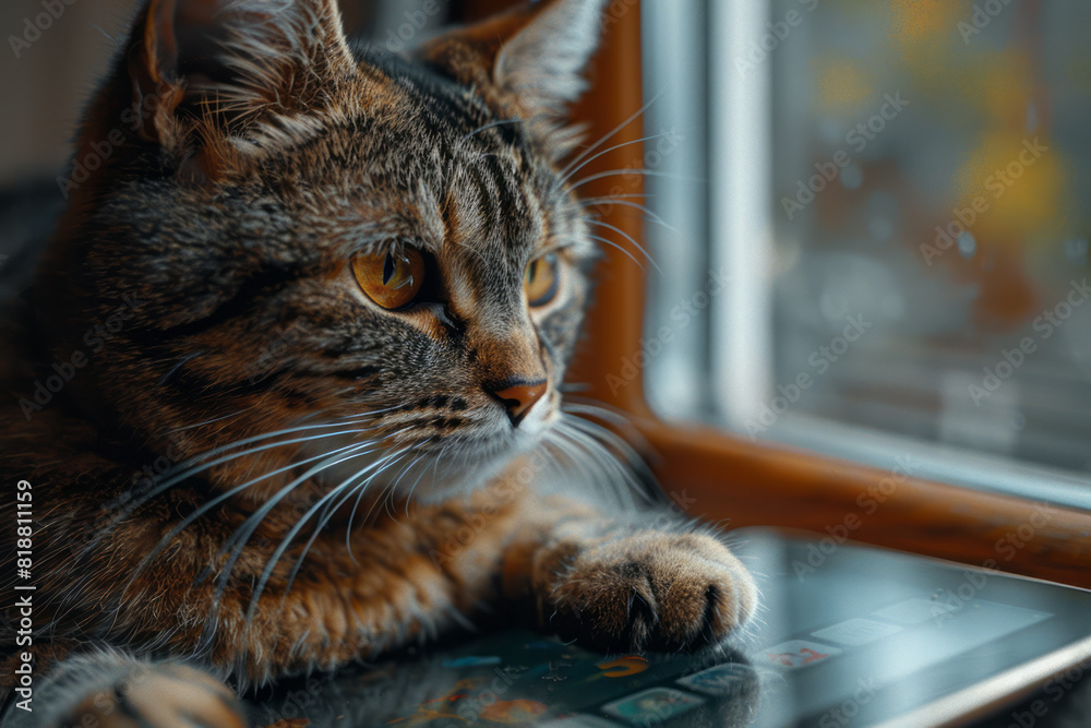Aufkleber a cat curiously tapping at a tablet screen, chasing a digital mouse in a game app,