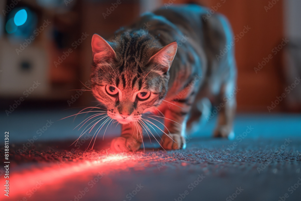 Poster A cat chasing a laser pointer controlled by a smartphone app, darting around the room,