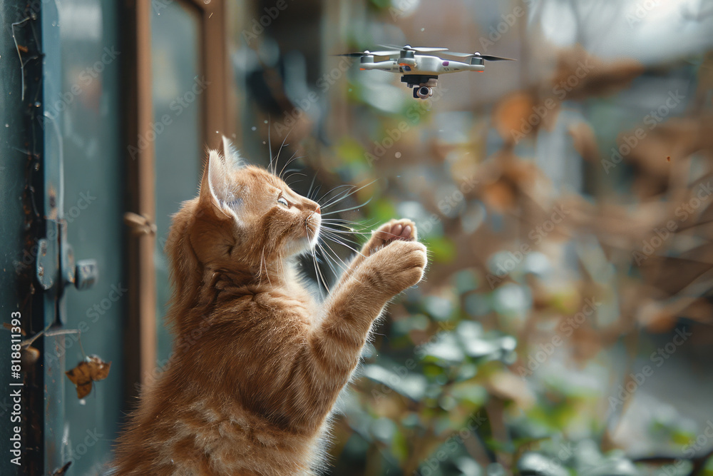Poster A cat trying to catch a drone hovering just out of reach, jumping and swatting at it,