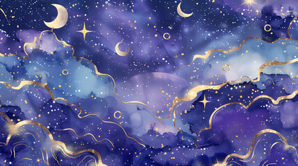 cresent moon in starry night sky in Watercolor illustration and geometric patterns for wallpaper and scrapbook