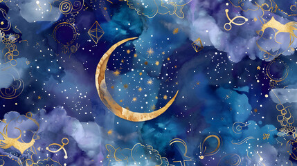 cresent moon in starry night sky in Watercolor illustration and geometric patterns for wallpaper and scrapbook