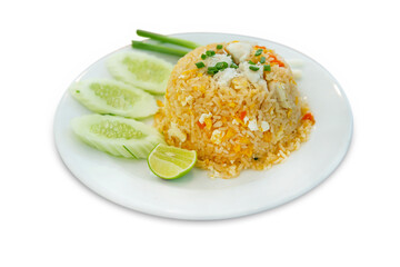 Top view of seafood fried rice with crab, focus selective