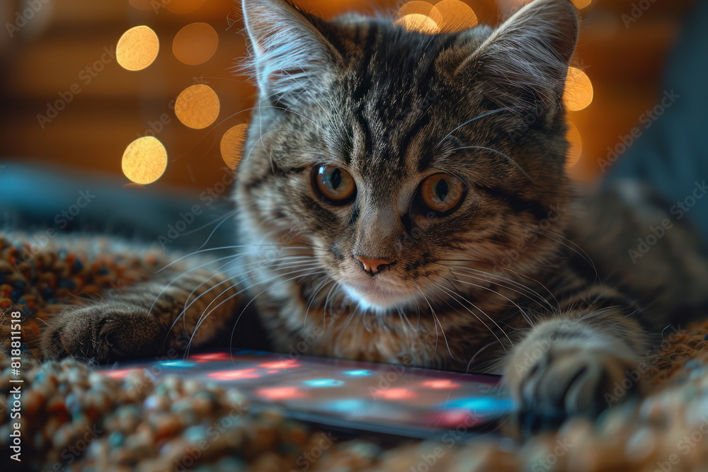 Poster a cat using a pet-friendly touchscreen game, tapping at moving shapes on a tablet,