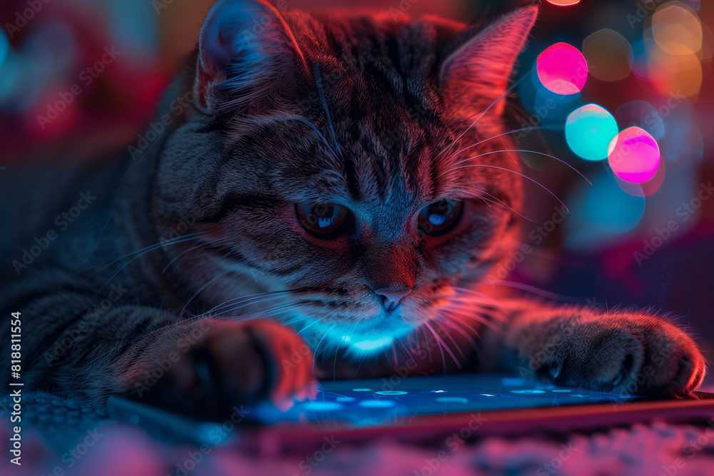 Poster A cat using a pet-friendly touchscreen game, tapping at moving shapes on a tablet,