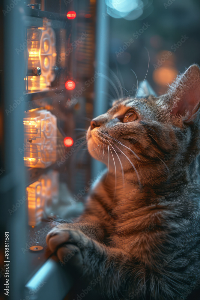 Poster a cat lying next to a 3d printer, fascinated by the machineâ€™s movements and sounds,