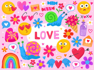Colorful icons of love and romantic theme. Love and romantic doodle set. Snails, rainbow, hearts, flowers. Valentines day. Elements for cards, patterns, invitation.