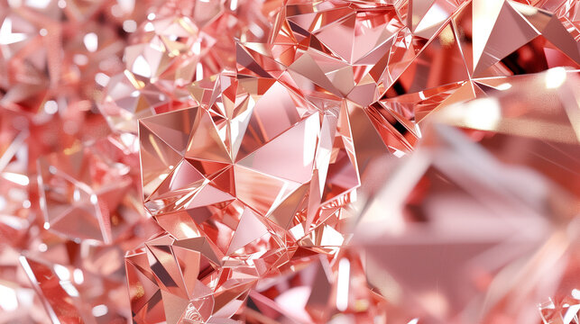 3d render, abstract rose gold crystal background, faceted copper metallic texture, macro panorama, wide panoramic polygonal wallpaper