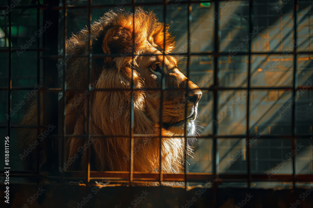 Poster illustration of a majestic lion whose shadow is cast through the bars of a cage, creating an abstrac