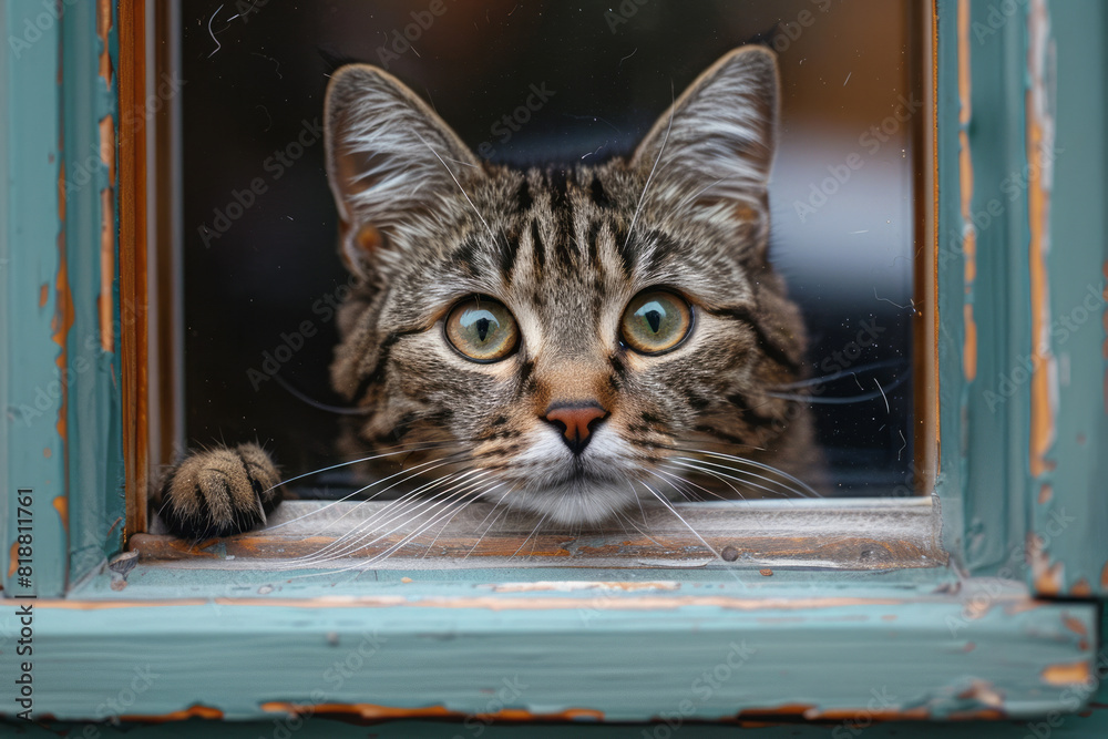 Aufkleber a cat peering into a smart pet door that scans microchips, trying to understand how it opens,