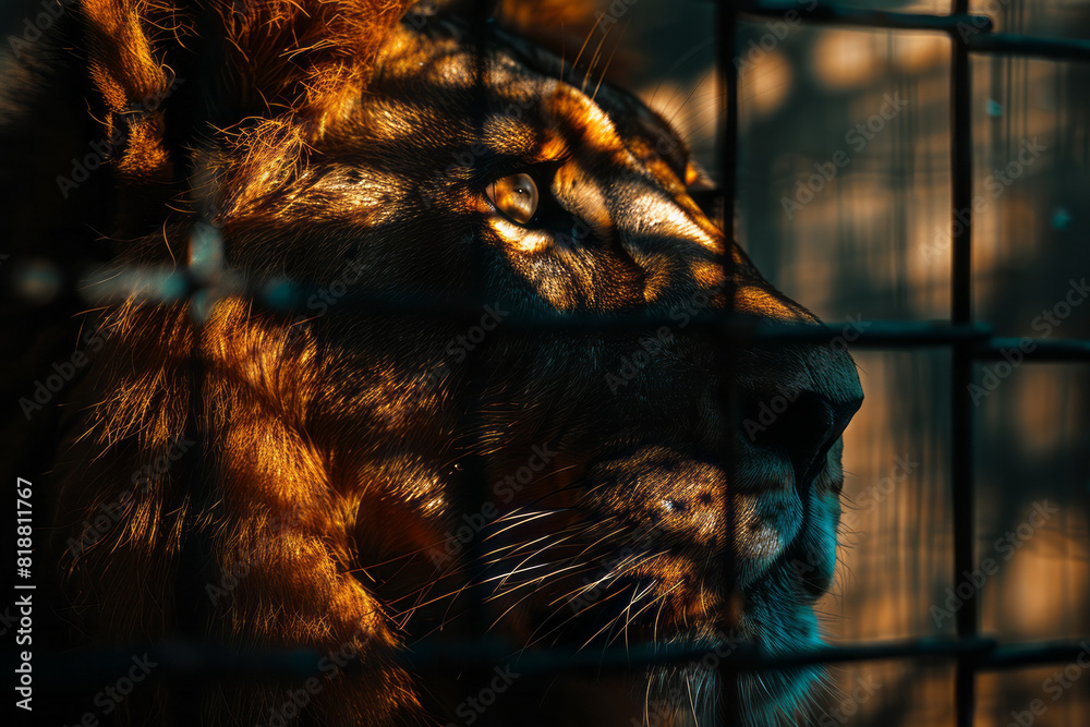 Poster illustration of a majestic lion whose shadow is cast through the bars of a cage, creating an abstrac