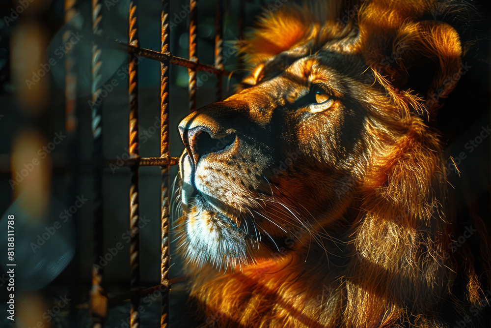 Poster illustration of a majestic lion whose shadow is cast through the bars of a cage, creating an abstrac