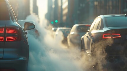 Fototapeta premium Air pollution from car exhaust smoke in city traffic, focusing on reducing global warming pollution and carbon dioxide from engine combustion