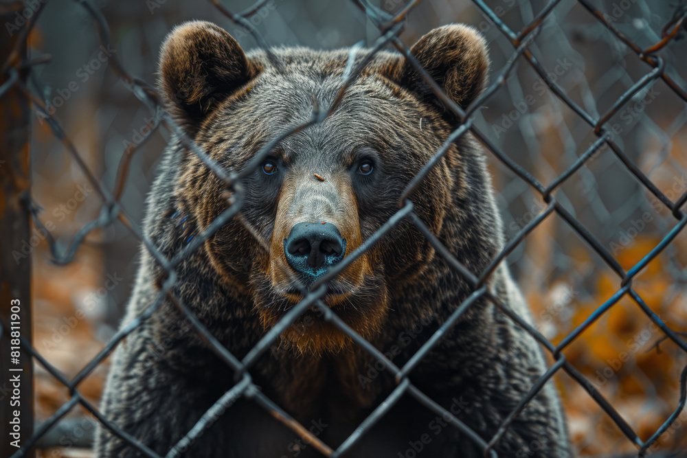 Poster Scene of a bear peering through a fence, its powerful form abstracted by the grid pattern of the mesh,