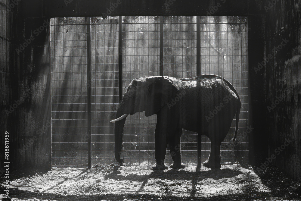 Poster illustration of an elephant standing in a pen, its massive shadow intersected by the lines of a fenc