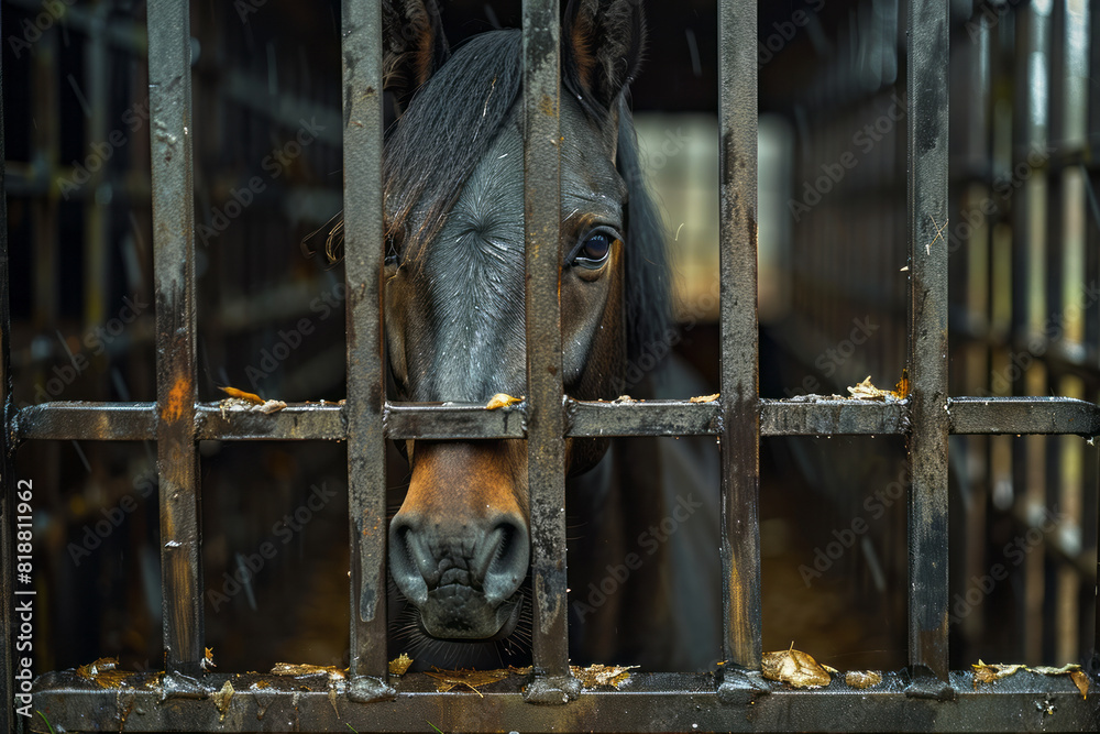Poster Artistic portrayal of a horse behind a stable gate, with its form reflected through a complex lattice of wooden slats,