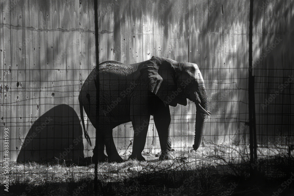Poster Illustration of an elephant standing in a pen, its massive shadow intersected by the lines of a fence, creating a sense of enclosure,