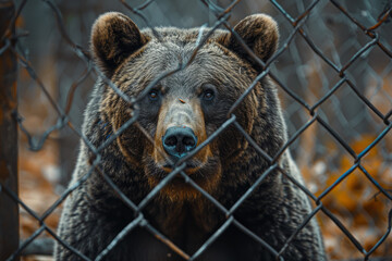 Obraz premium Scene of a bear peering through a fence, its powerful form abstracted by the grid pattern of the mesh,