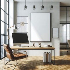 A computer on a desk in a work room space  with a mockup poster empty white and with a chair and a poster on the wall bring spirit used for printing realistic.