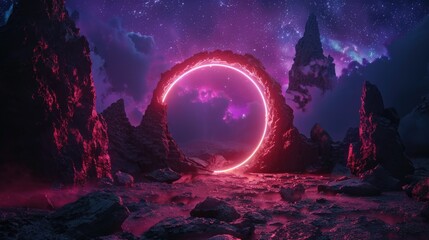 Abstract portal stone gate with neon glowing light in the dark space landscape of cosmic, rocky mountain stone field, spectrum light effect