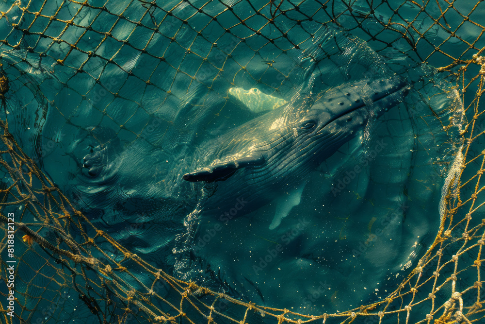 Poster Illustration of a whale's shadow seen through the grid of a fishing net, creating a poignant sense of entrapment.