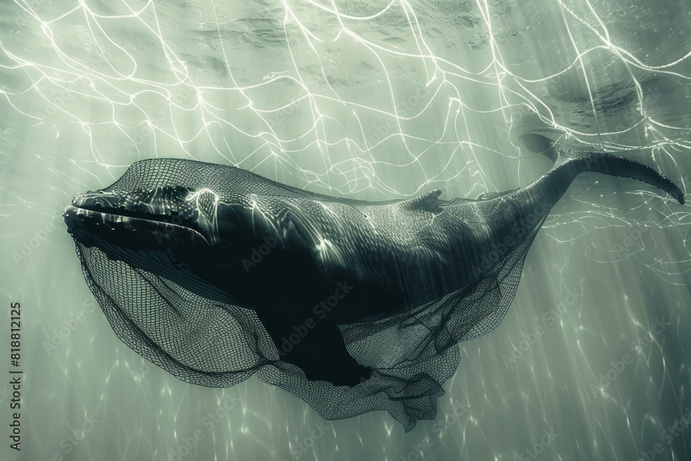Aufkleber illustration of a whale's shadow seen through the grid of a fishing net, creating a poignant sense o