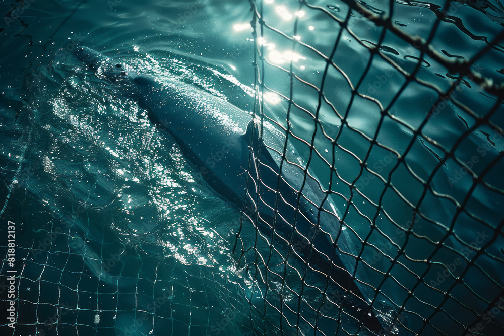 Poster Illustration of a whale's shadow seen through the grid of a fishing net, creating a poignant sense of entrapment.