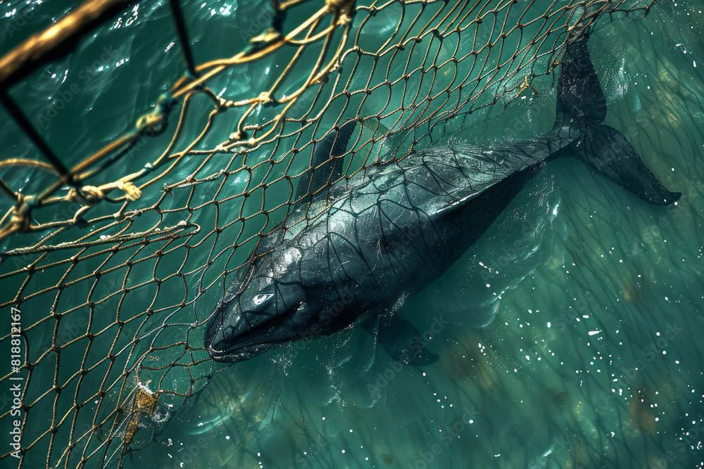 Poster Illustration of a whale's shadow seen through the grid of a fishing net, creating a poignant sense of entrapment.