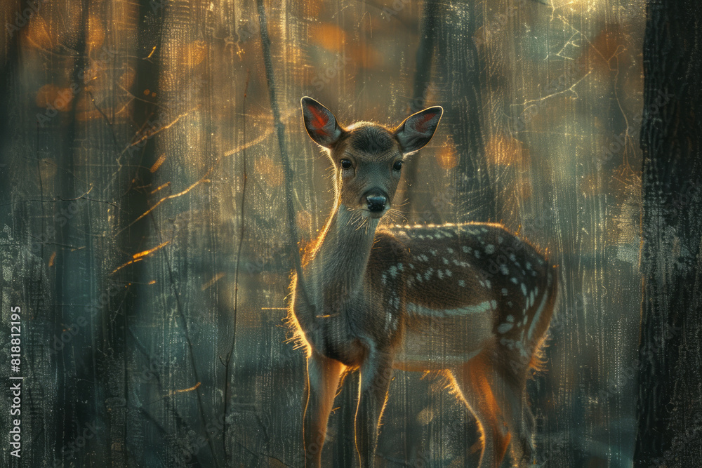 Poster artistic depiction of a deer in a forest, its form fragmented by the shadows of tree branches arrang