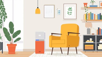 Air purifier in a living room, removing fine dust to protect against PM 2.5 dust and air pollution, concept illustration