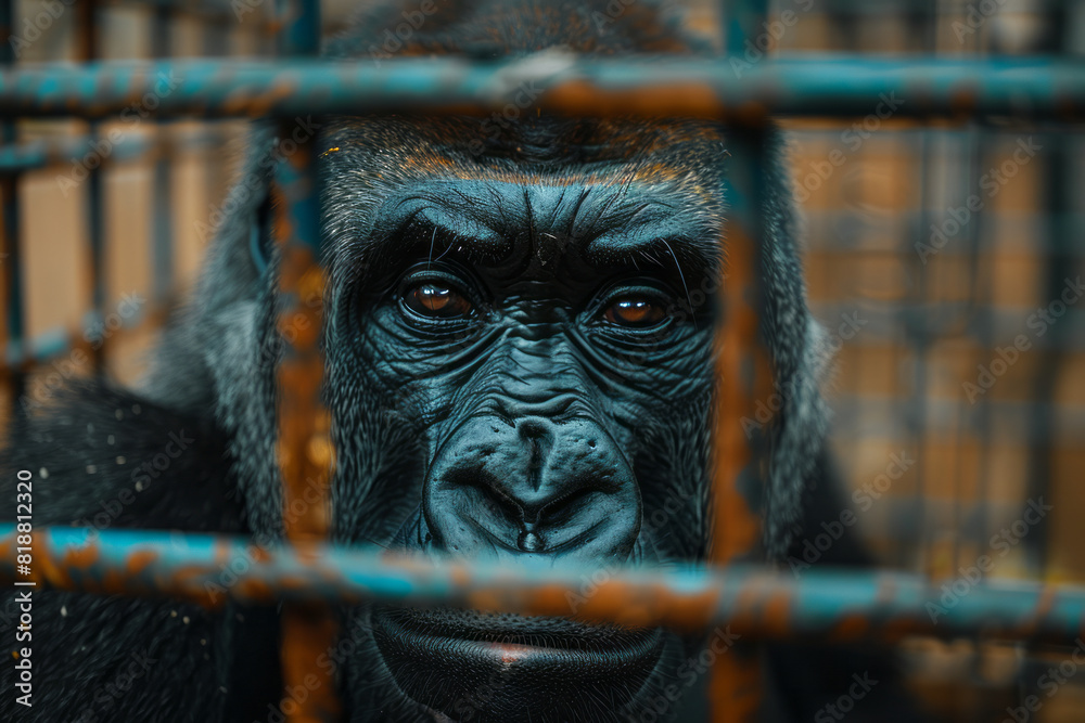 Poster Scene of a gorilla behind the bars of a zoo enclosure, its reflection distorted by the grid pattern of the cage,