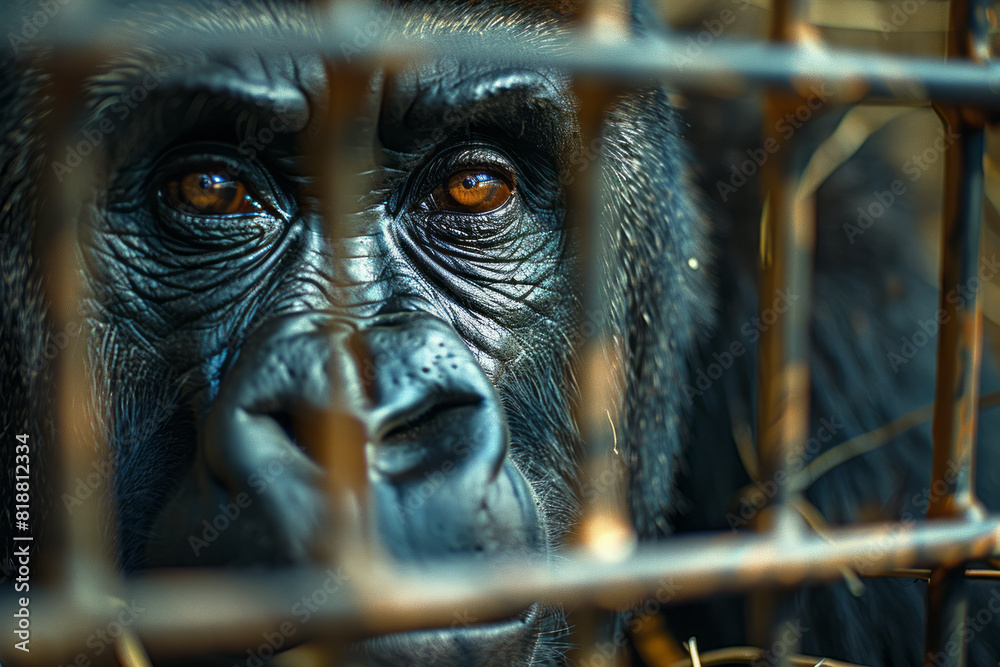 Poster Scene of a gorilla behind the bars of a zoo enclosure, its reflection distorted by the grid pattern of the cage,