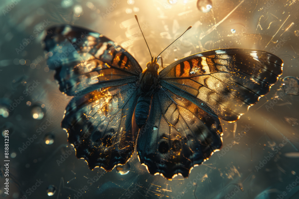 Aufkleber abstract image of a butterfly's wings, their delicate patterns intersected by the lines of a glass t