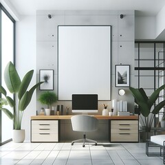 A Room with a mockup poster empty white and with a computer desk in office and plants art print design has illustrative lively.