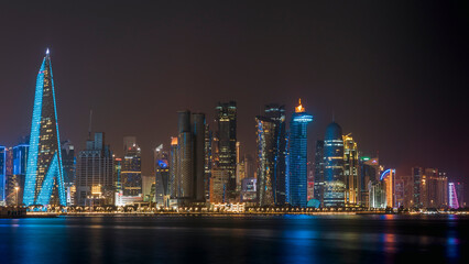The skyline of Doha, Qatar during night