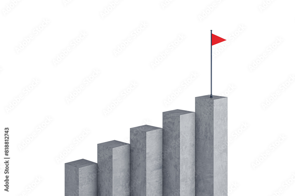 Poster a series of ascending concrete bars with a red flag on top against a white background, symbolizing g