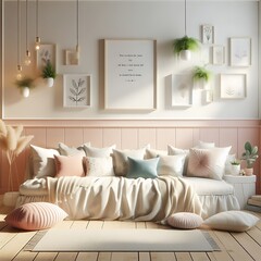 A Room with a mockup poster empty white and with a couch and plants realistic card design harmony realistic meaning.